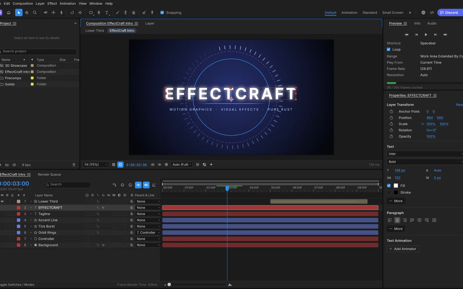 EffectCraft's main window with the animated demo composition in the Composition panel, the Project panel, a Timeline of text, shape and solid layers, and the Properties panel