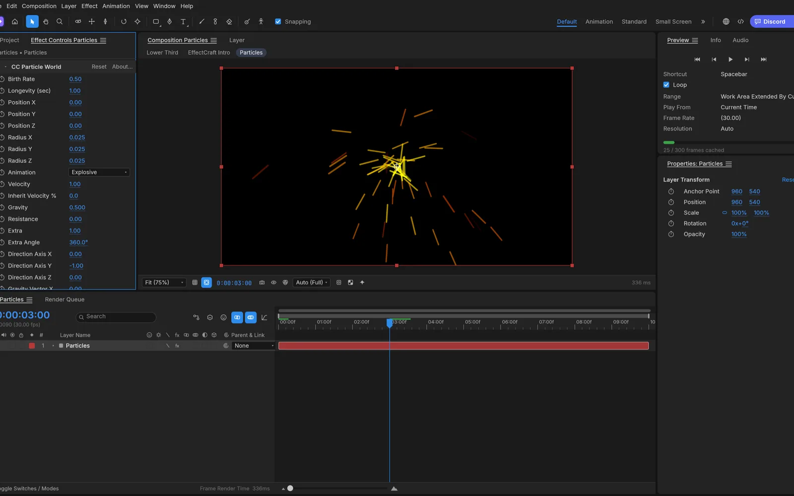 A CC Particle World burst with Glow, next to the Effect Controls panel listing the particle parameters
