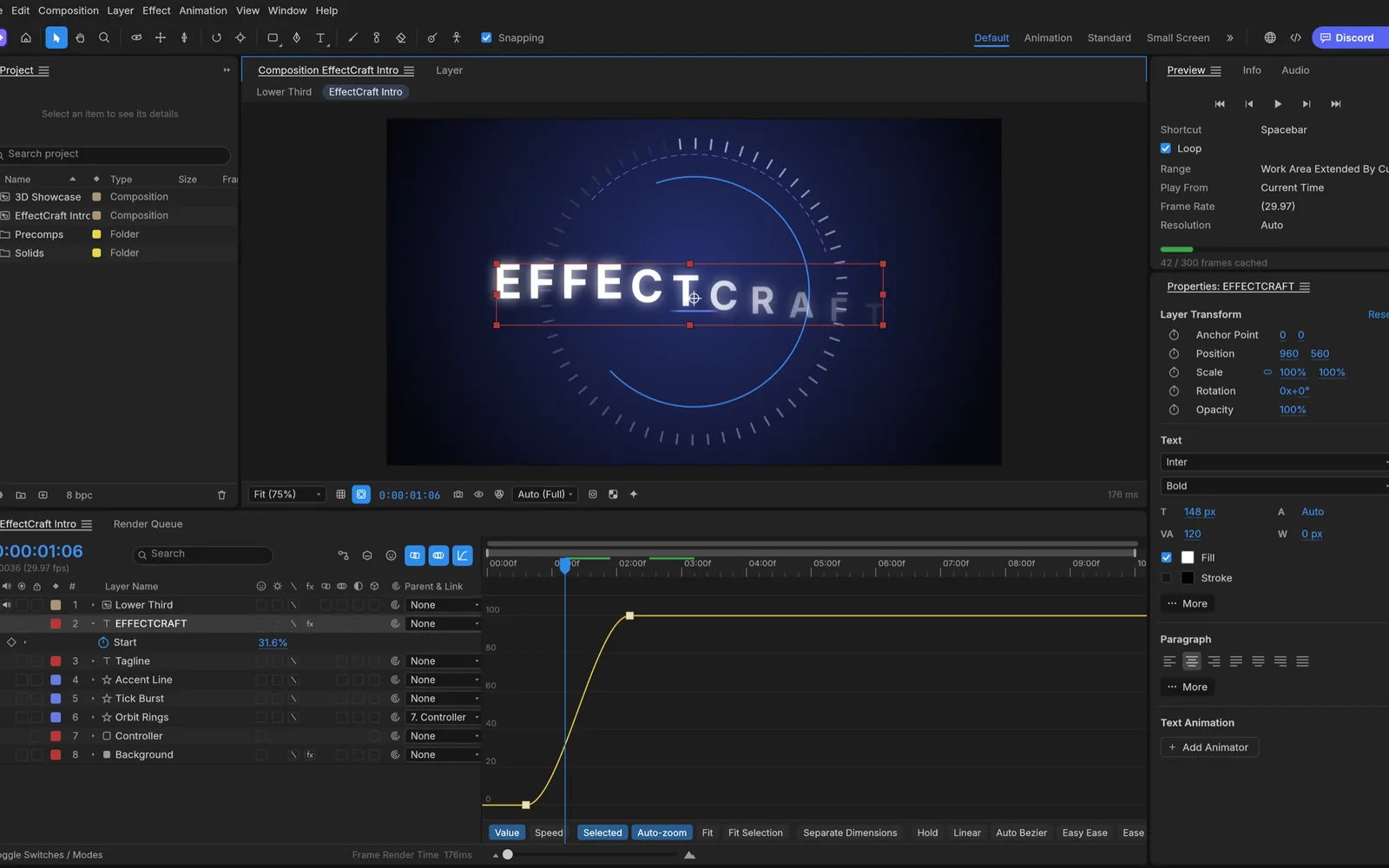The EffectCraft Graph Editor showing an eased value curve for a text animator, with hold, linear, auto Bezier and Easy Ease buttons