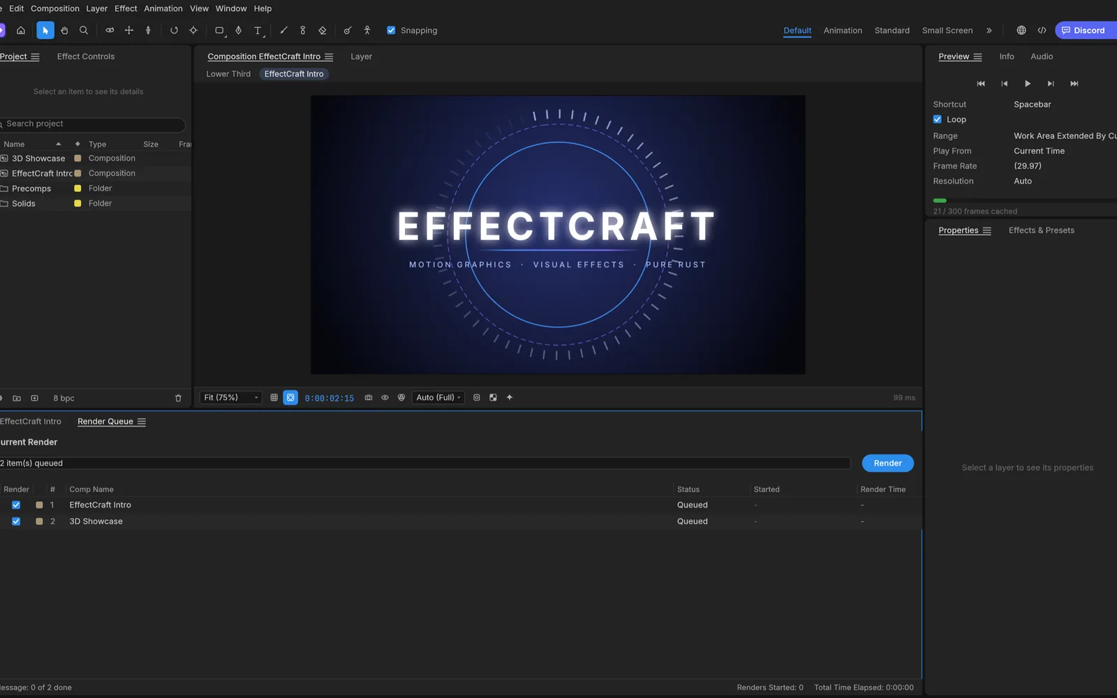 The EffectCraft Render Queue panel with two compositions queued for H.264 and ProRes
